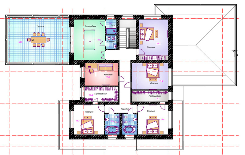 План 2-го этажа. Проект коттеджа в г. Обь. АФ-студия. Новосибирск 2010 г. Архитектор — Фаткин Иван