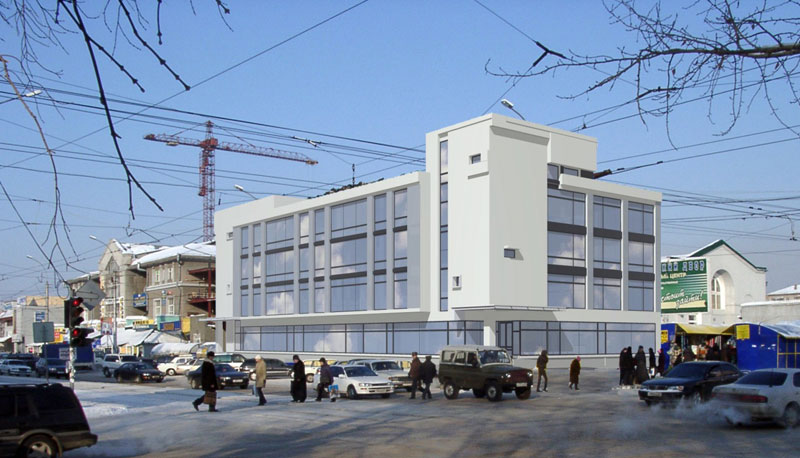 Здание торгового центра на пересечении улий Крылова и Мичурина в Центральном районе г. Новосибирска. Проектная организация «АкадемСтройИнвест».