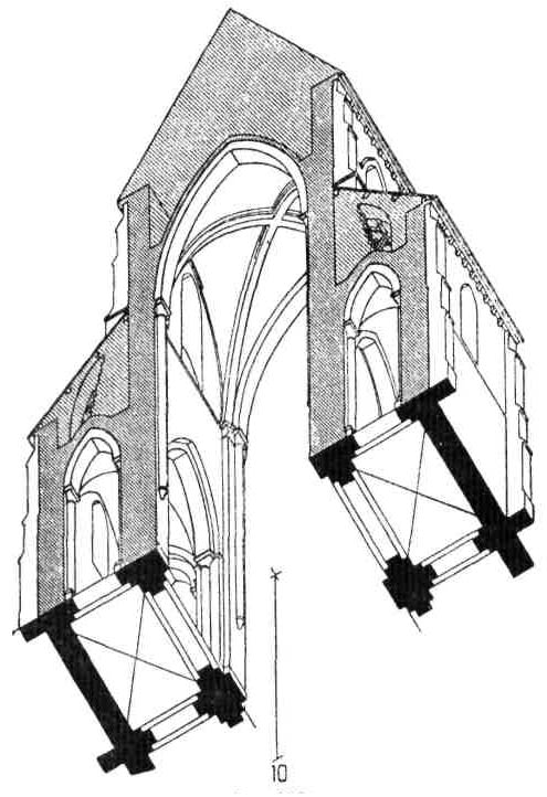 Готический неф: Система аркбутанов, скрытых под крышей. Церковь в Понтиньи