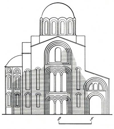 Византийская архитектура. Церковь в Учайяке.  XI в. Северный фасад, реконструкция С. Эйидже