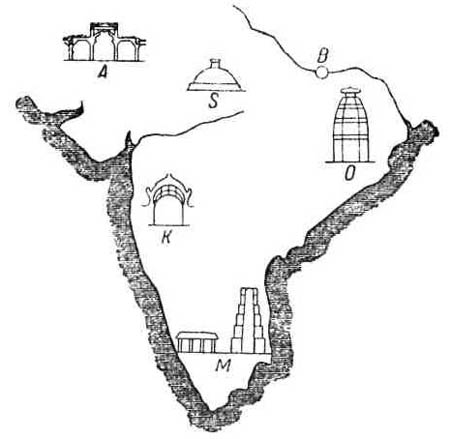 Архитектурные памятники Древней Индии. Географическое распределение различных типов храмов