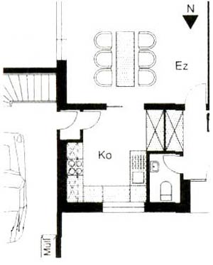 Пример планировки помещения кухни, столовой и смежных комнат (Кухня с рабочий местом и раздаточным проемом в столовую)