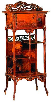 Французская мебель. Этажерка орехового дерева с бронзой и перламутром. Эмиль Галле, 1900 