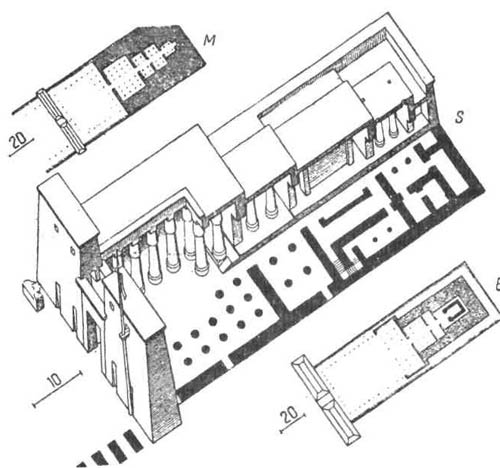Храмы Древнего Египта. S - первоначальный план южного храма в Фивах; М (Мединет-Абу) три гипостильных зала следуют один за другим; Е (Эдфу) - двойной гипостилыный зал