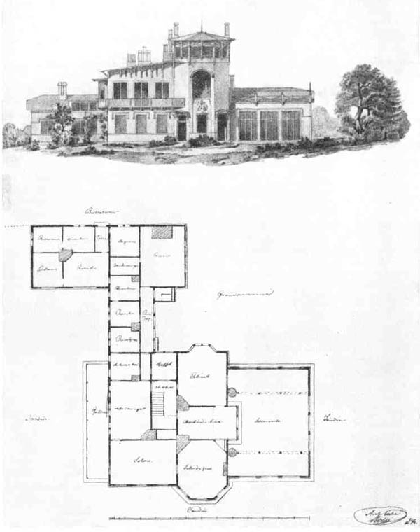 Г. А. Боссе. Проект загородного дома. Фасад и план, 1834 г.