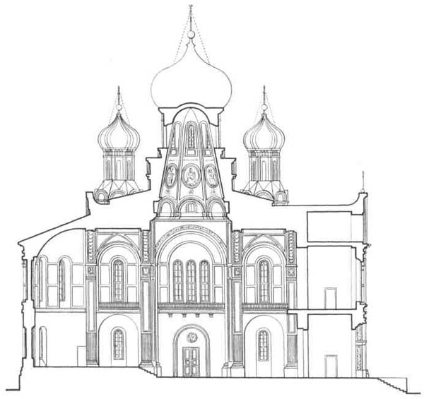 К. А. Тон. Проект Екатерининской церкви в Петербурге. Продольный разрез, 1830 г.