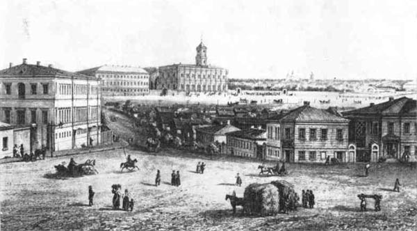 Новый   вокзал   С.-Петербургско-Московской   железной   дороги   на   Каланчевской площади в Москве. Литография 1850-х годов 
