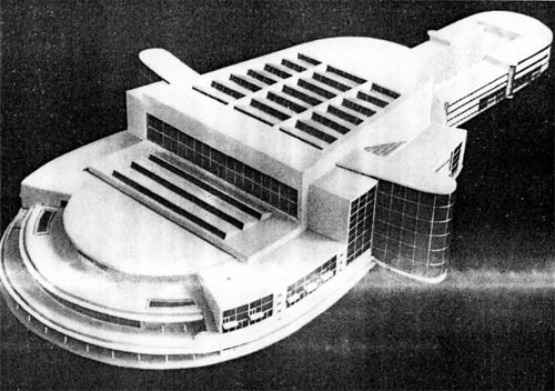 Конкурсный проект Большого синтетического театра в Свердловске, 1931 г. Архитекторы Г. и М. Бархины. Вместимость 4000—8000 мест.