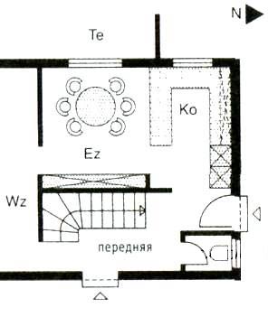 План помещений квартиры со столовой между кухней и гостиной