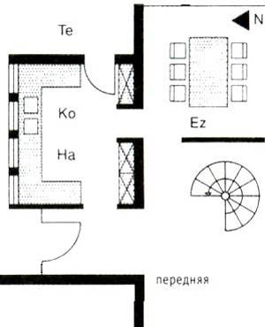 Пример планировки помещения кухни, столовой и террасы. Кухня, связанная с террасой, входом и столовой