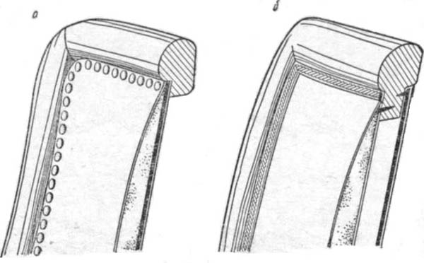 Формование обивки мебели: Обивка спинки в разрезе: а — простая; б— с декоративной тесьмой; в — на отдельной раме