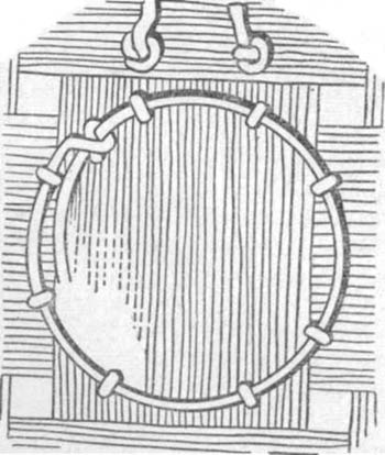 Подбор и крепление пружин для мягкой мебели: Пришивание пружины к ремню (вид сверху)