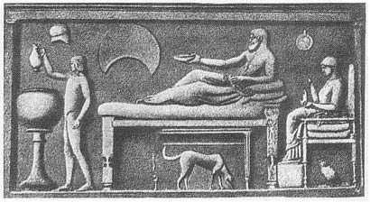 Мебель Древней Греции. Изображение ложа (клинэ) и стола, древнегреческий храмовый барельеф