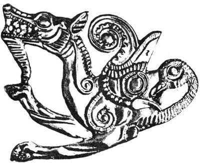Изображение мифологического животного на скифской золотой пластине, украшавшей ритон. IV Семибратний курган, V век до н.э.