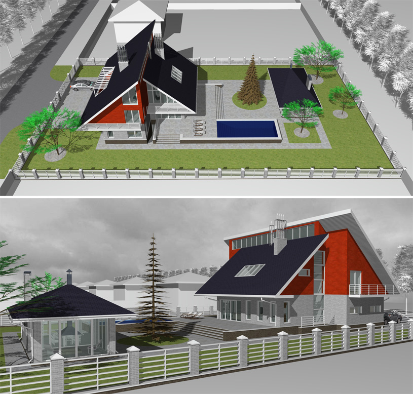 Эскизный проект индивидуального жилого дома с баней и гаражом. Архитектор: Сергей Косинов. Новосибирск